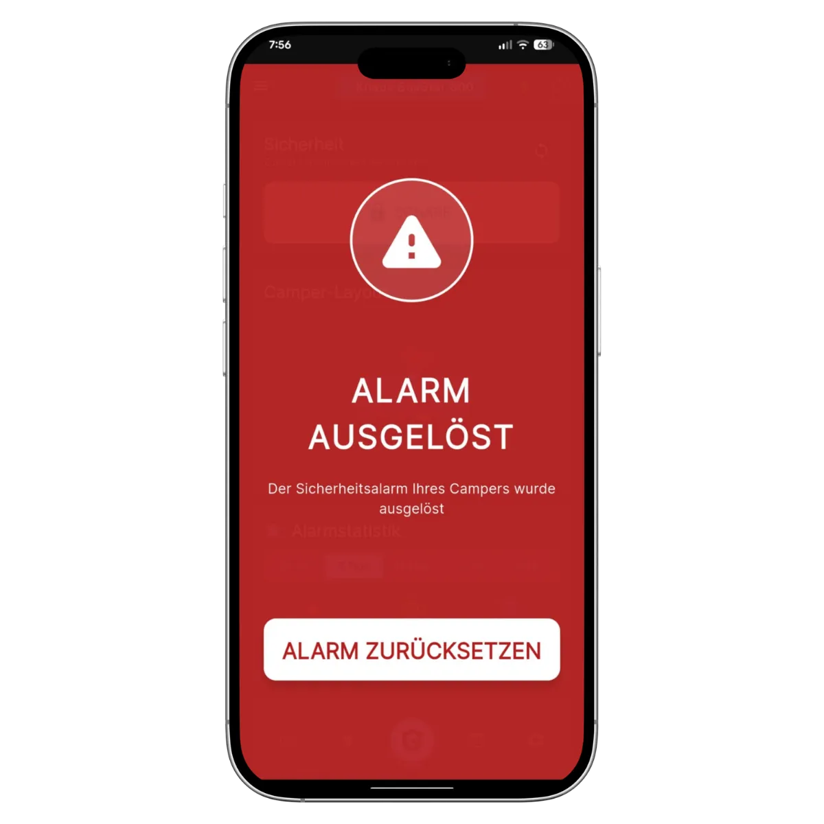 Smartphone mit der CamperGuard Meldung Alarm ausgelöst.