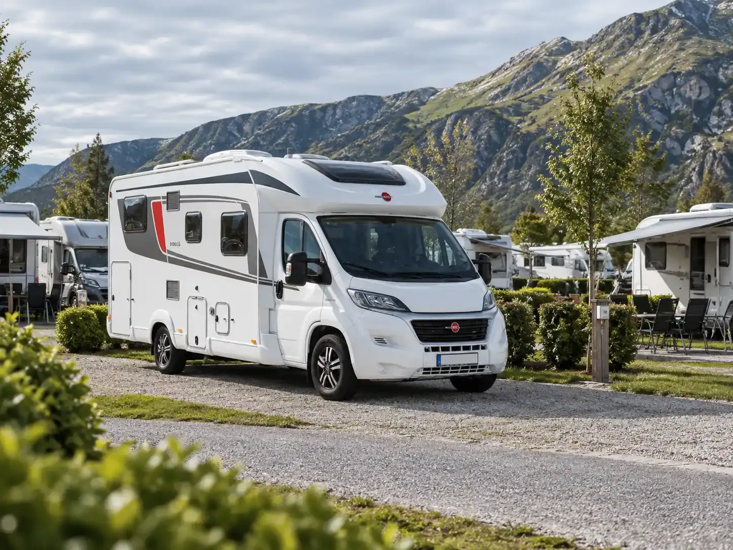 Wohnmobil zwischen benachbarten Fahrzeugen auf einem Campingplatz