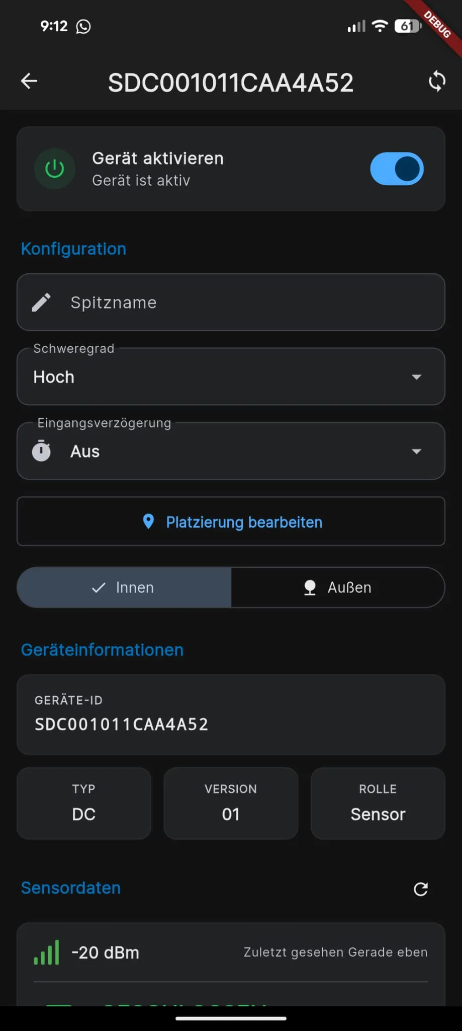 CamperGuard App mit Detailansicht eines Sensors