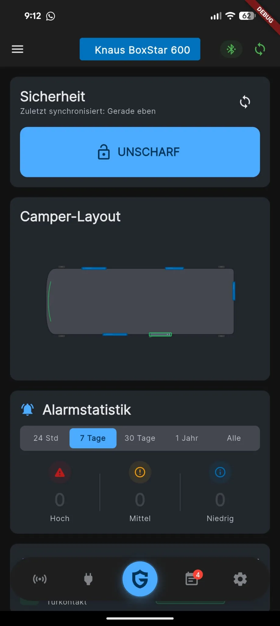 CamperGuard App mit Sicherheitsstatus und Camper-Übersicht