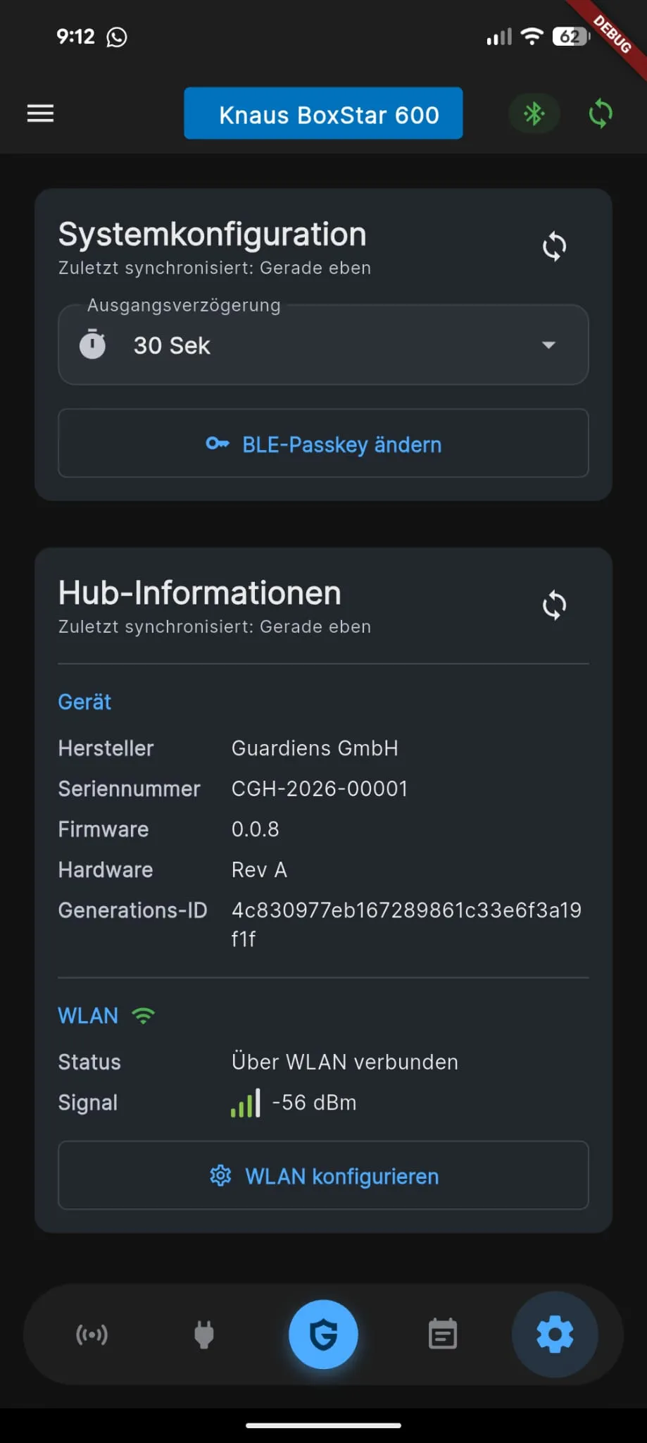 CamperGuard App mit Systemkonfiguration und Hub-Informationen