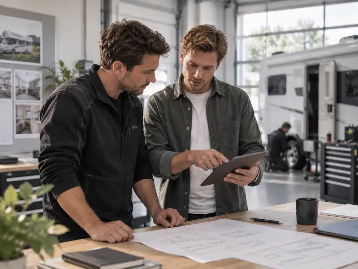 Zwei Personen besprechen den Fahrzeugeinbau anhand eines Tablets in einer Werkstatt