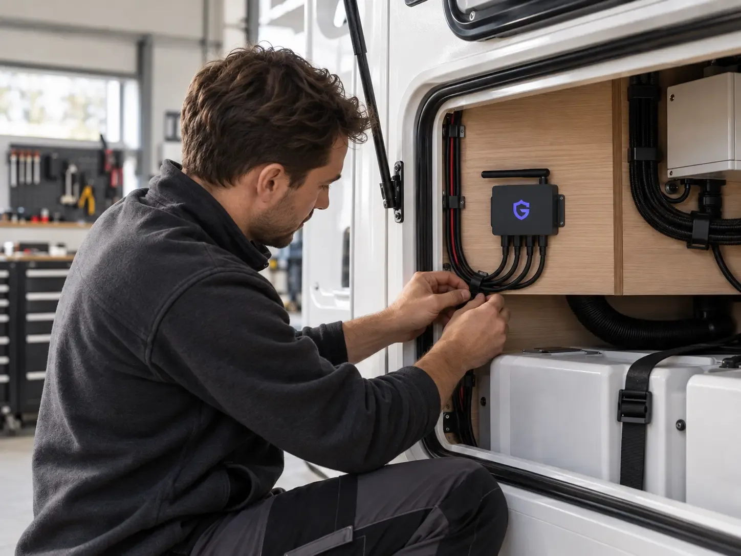 Fachkraft arbeitet an Anschlussleitungen im Technikfach eines Wohnmobils