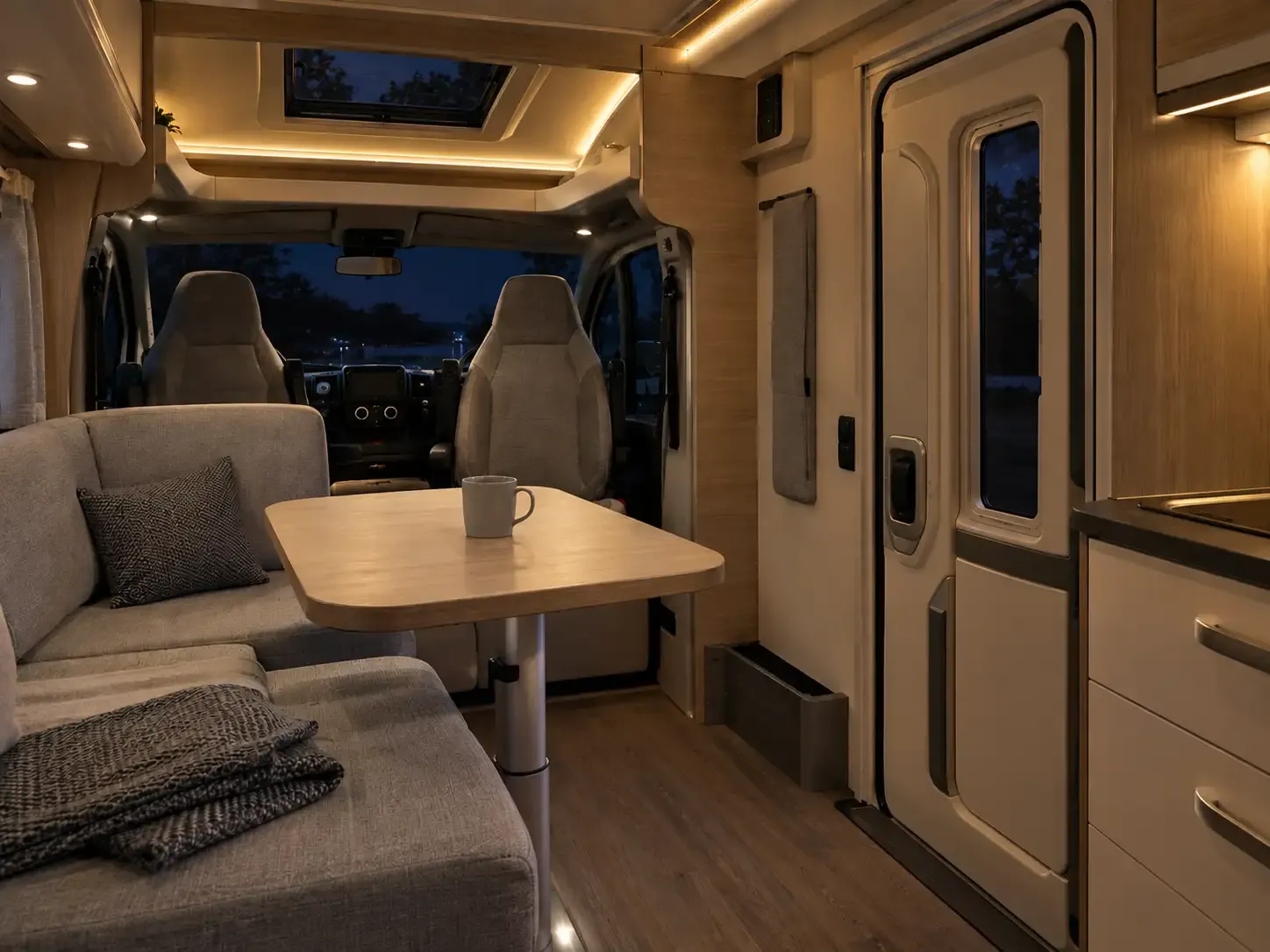 Warm beleuchteter Camper-Innenraum mit geschlossener Aufbautür bei Nacht