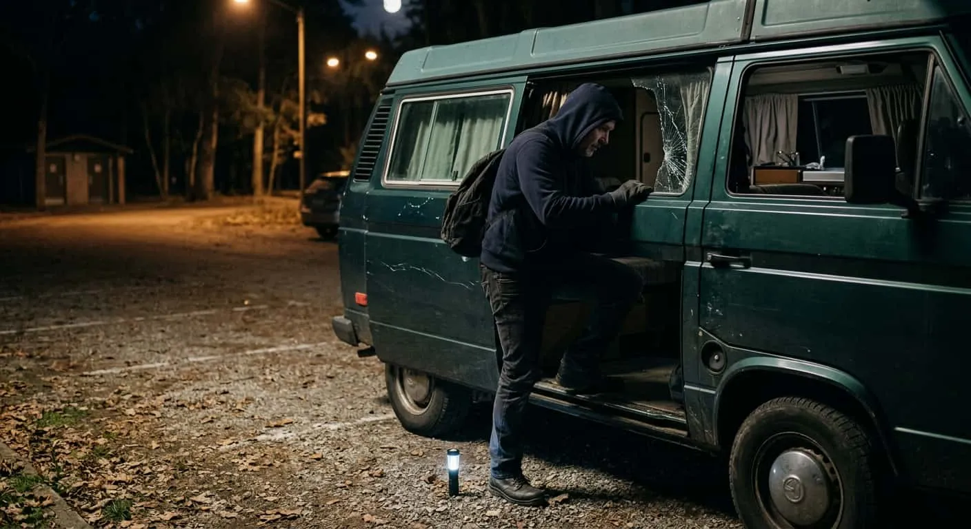 Camper mit klassischem, zu spätem Alarmsystem