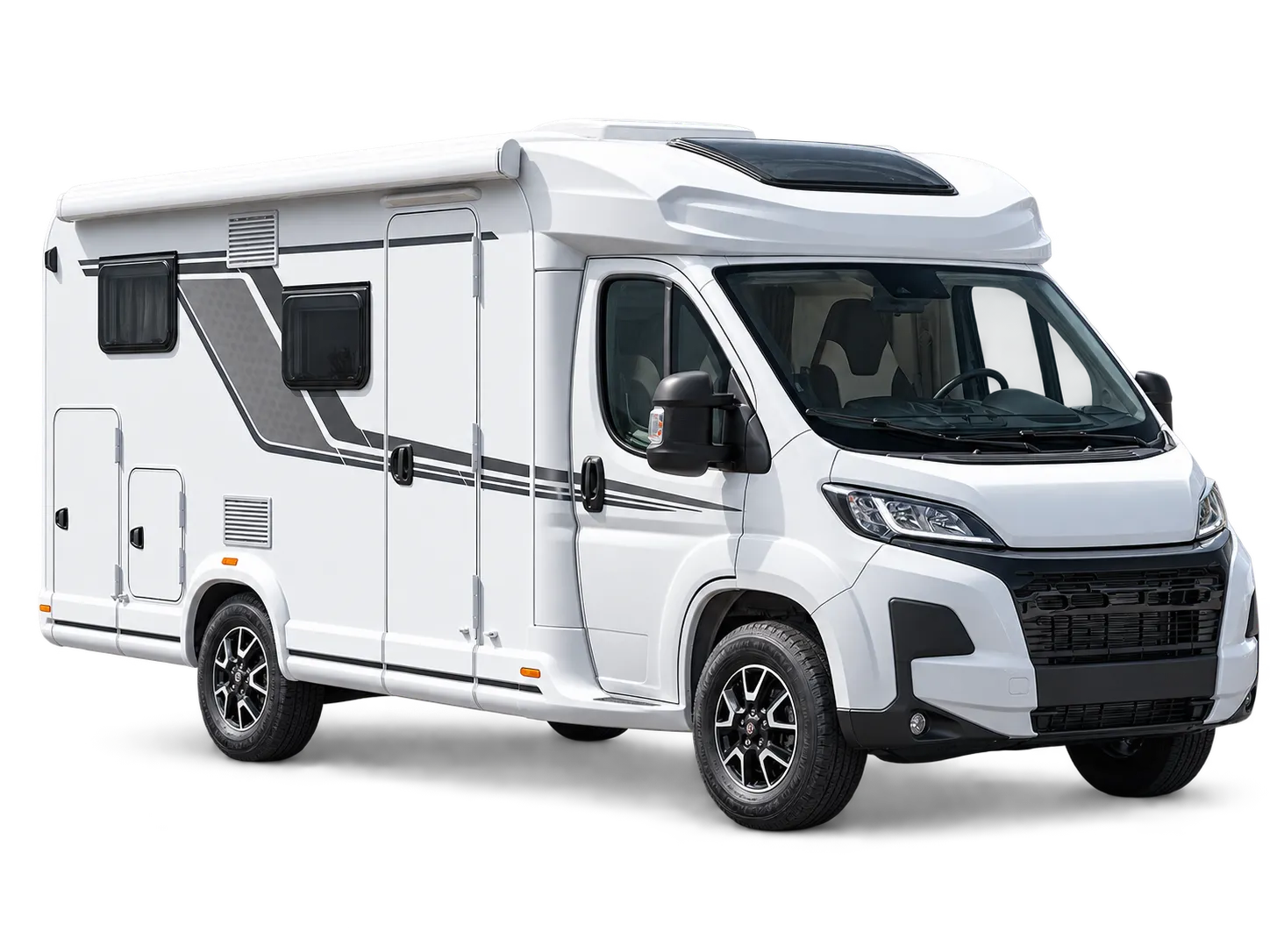 Wohnmobil mit markierten möglichen Zugängen an Fahrerhaus, Aufbau, Fenstern und Heckgarage
