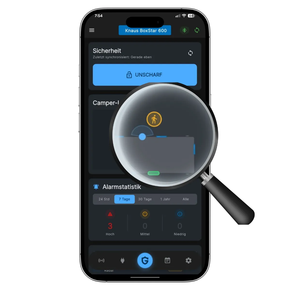 Smartphone mit geöffneter CamperGuard App