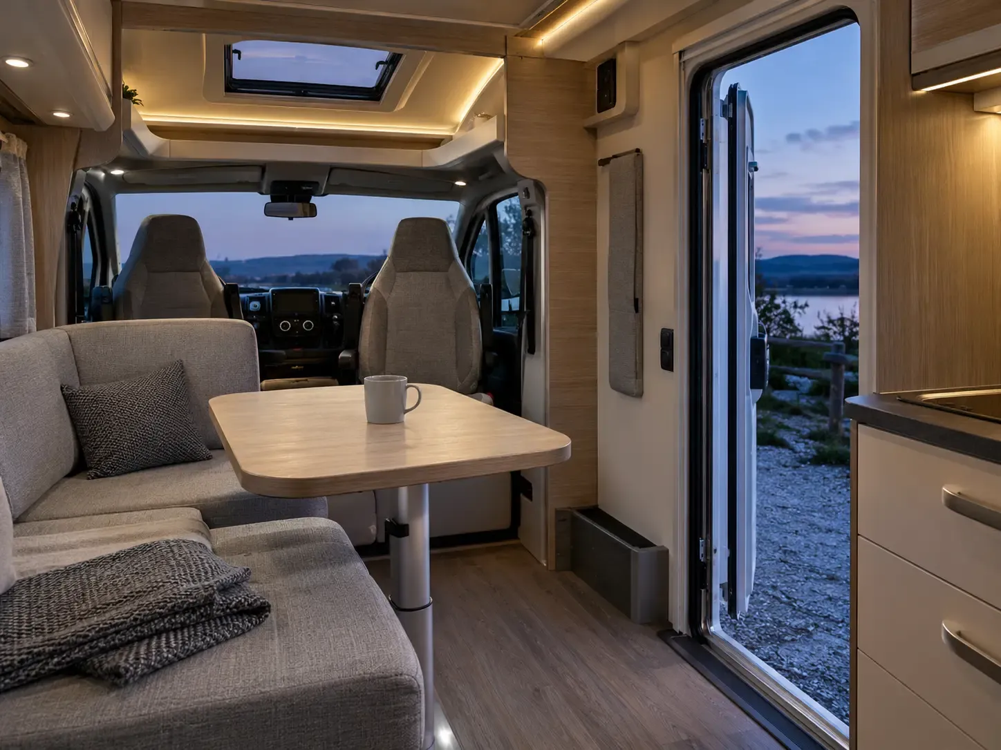 Beleuchteter Wohnraum eines Campers mit offener Tür am Abend